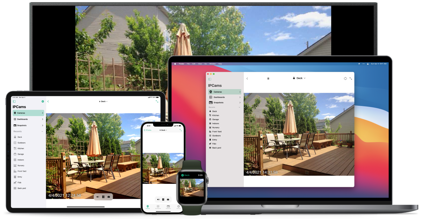 A collage of IPCams app running on an iPhone, a iPad, a Mac, an Apple TV, and an Apple Watch.